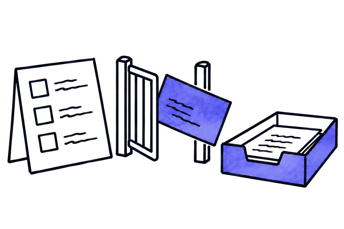 Illustration: a document passes a checklist and a gate into a filing tray