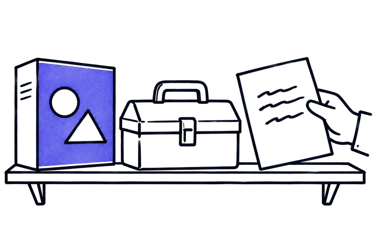a software box, a toolbox and a hand holding a contract on one shelf
