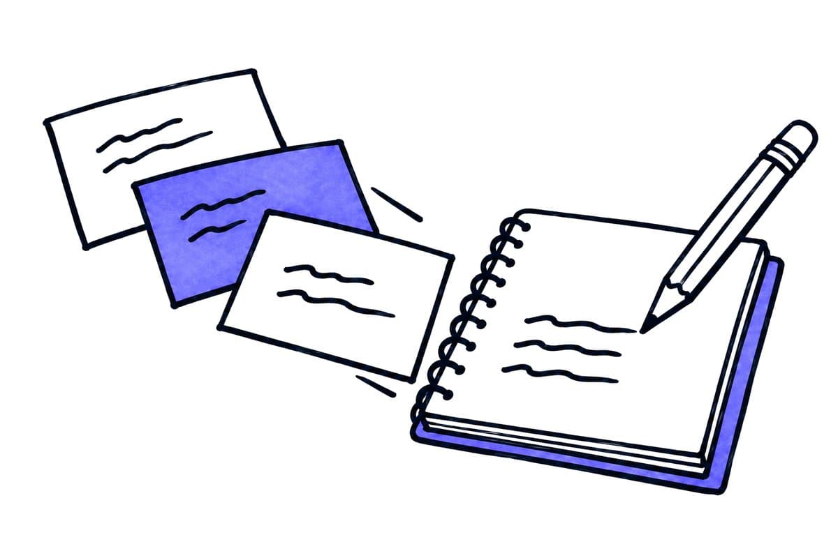 Illustration: three note cards feed into a notebook, a pencil writes the summary