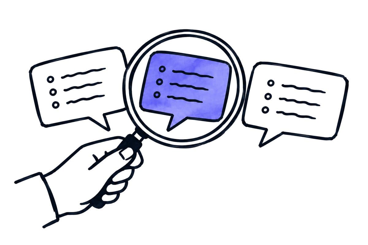 a hand holds a magnifying glass over three speech bubbles with feature lists