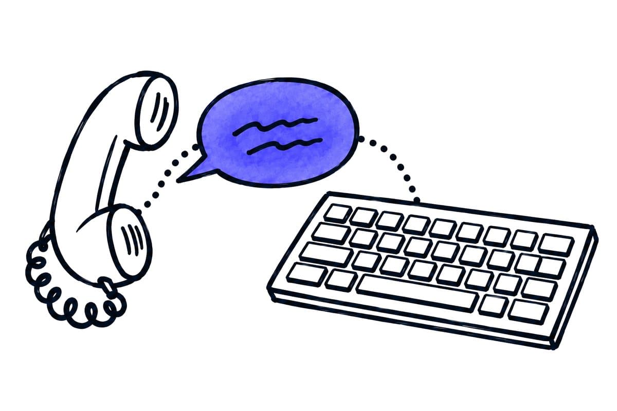 Illustration: a keyboard, a speech bubble and a telephone receiver connected by a dotted line