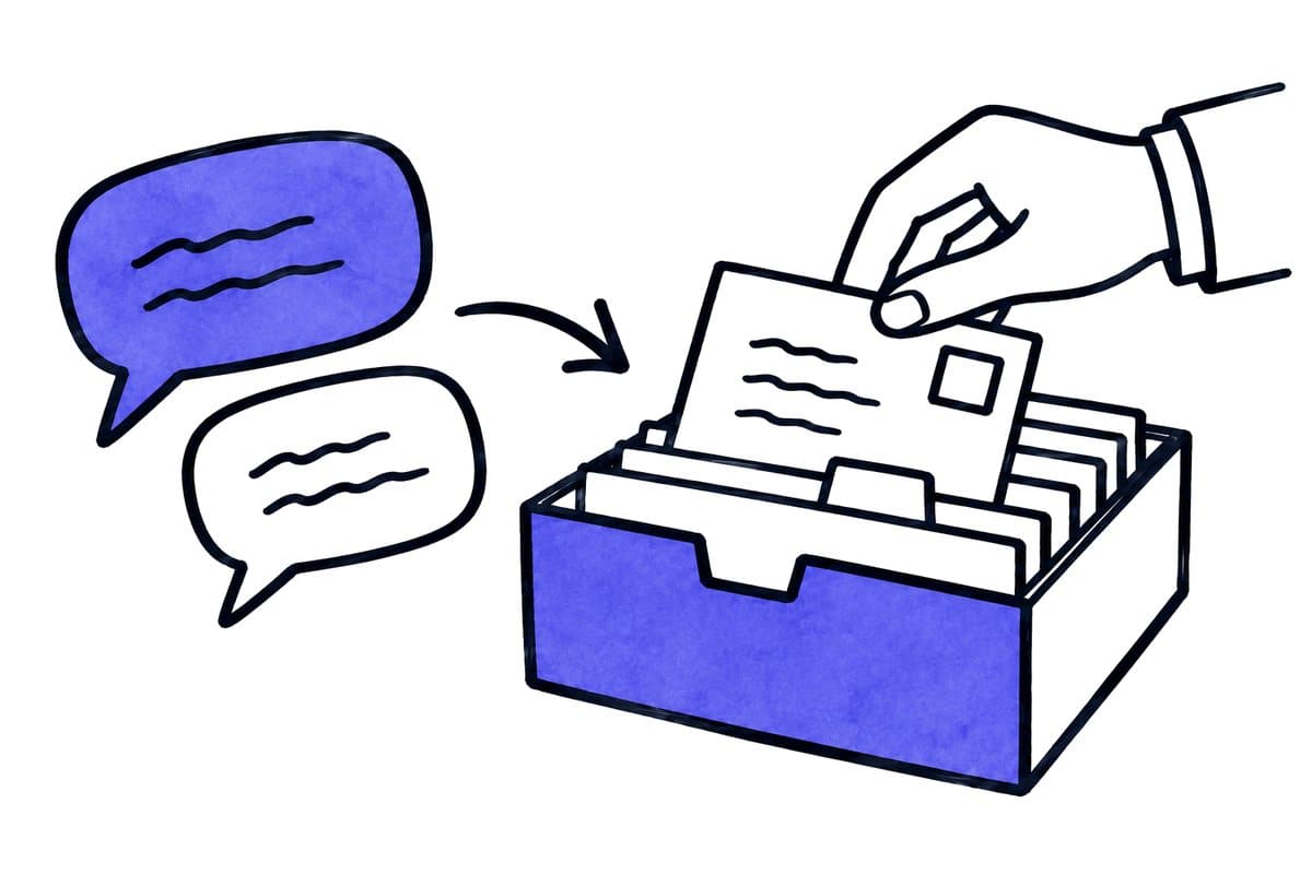 Illustration: speech bubbles lead to a hand filing a contact card in a card box