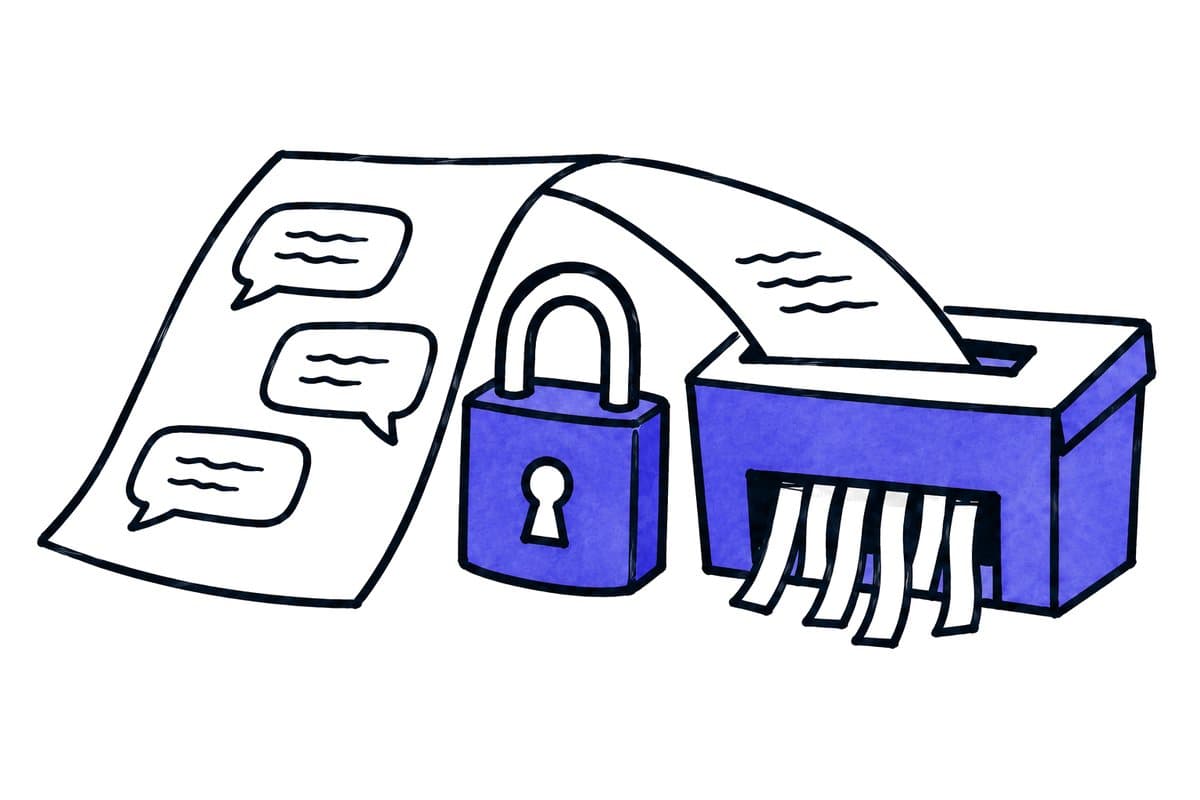 Illustration: a chat transcript passes a padlock into a paper shredder