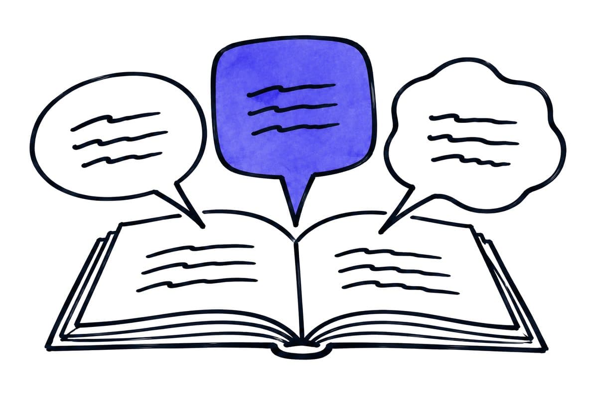 Illustration: three different speech bubbles rise from one open book
