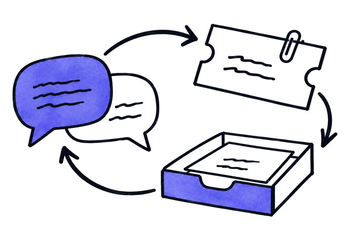 Illustration: speech bubbles, a clipped ticket and a filing tray connected in a loop