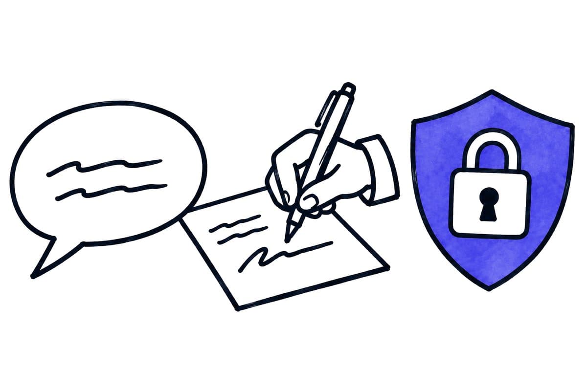 Illustration: a speech bubble, a hand signing a contract and a shield with a padlock in a row