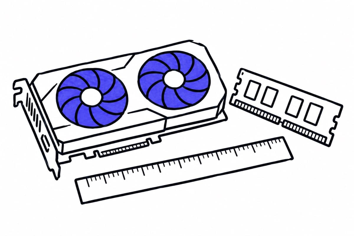 Illustration: a graphics card next to a memory module and a ruler