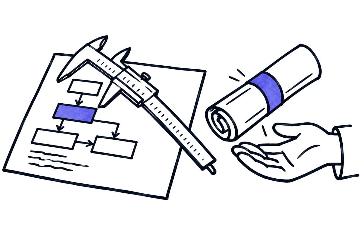 Illustration: a process plan with a calliper and a hand receiving a rolled document