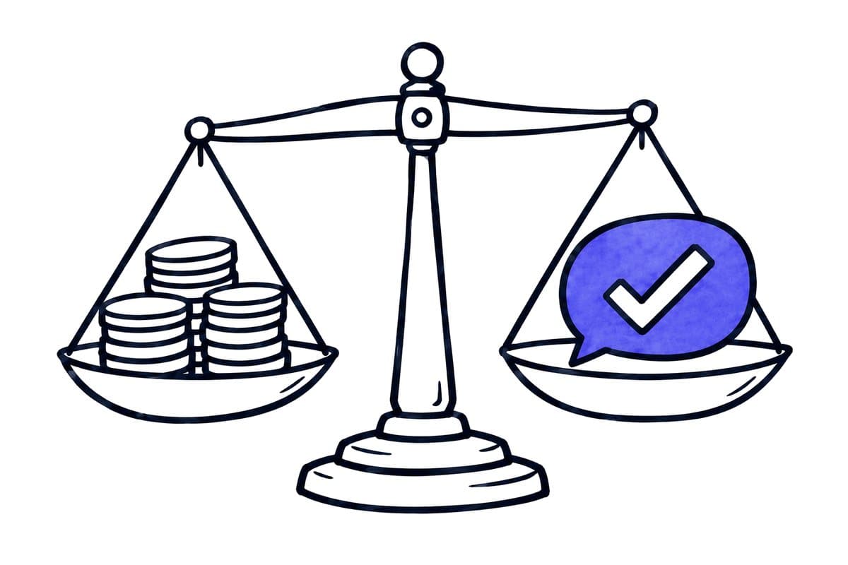 Illustration: a pair of scales weighs stacked coins against a ticked speech bubble