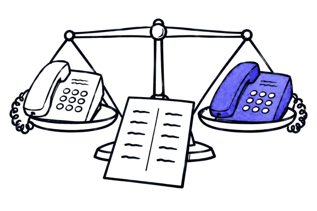 a pair of scales with two phone products and a printed comparison list