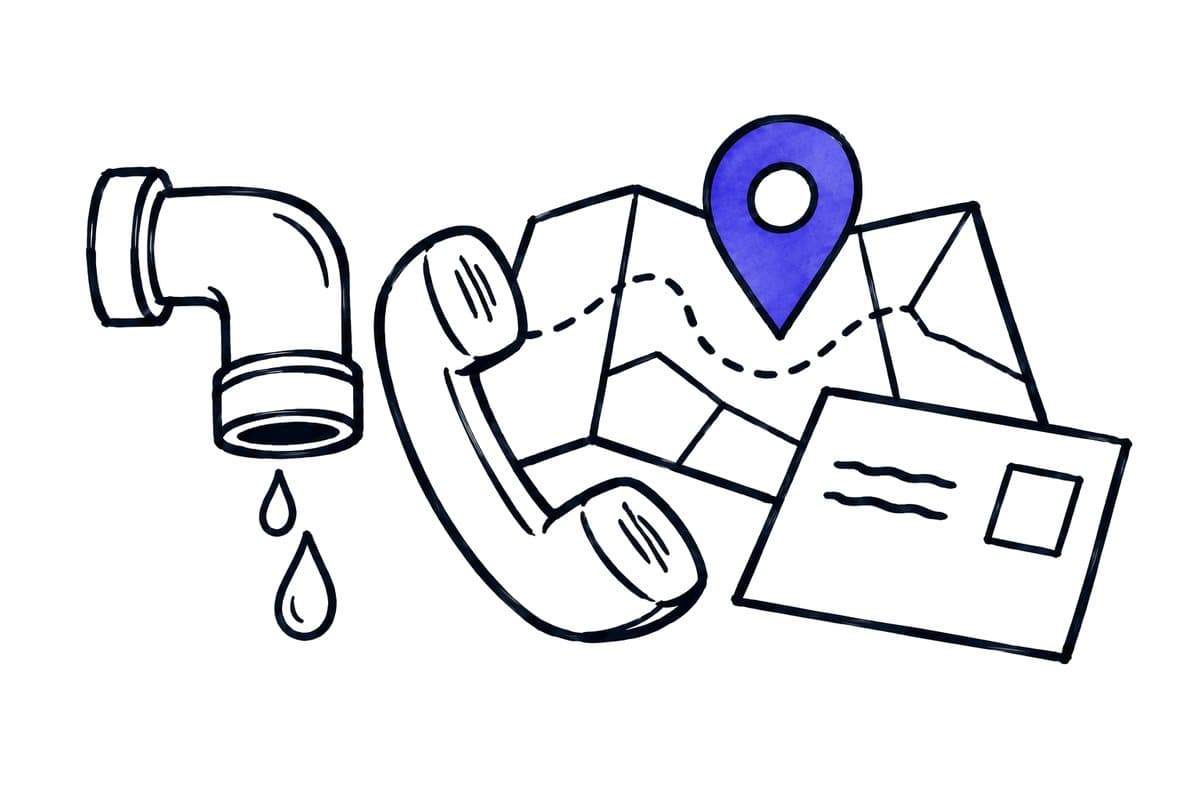 Illustration: a dripping pipe, a telephone receiver, a map with a pin and a job card
