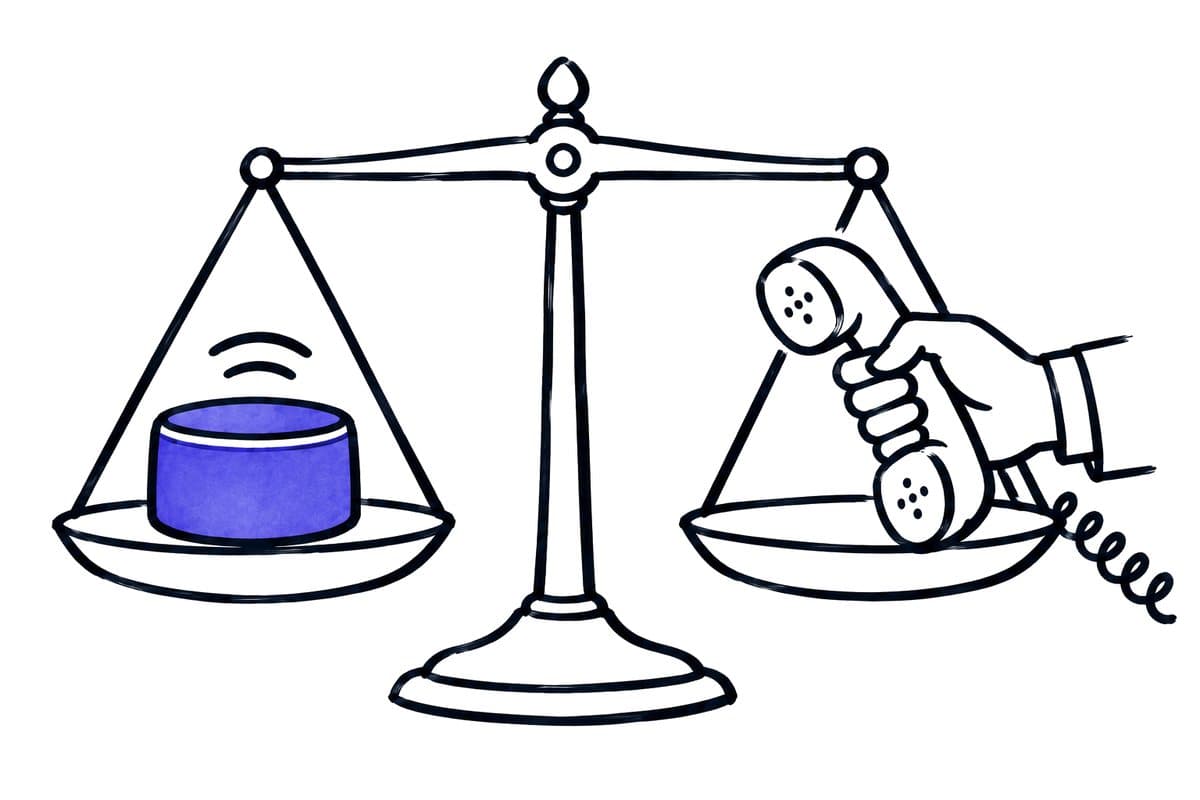 a pair of scales weighs a voice device against a hand holding a receiver