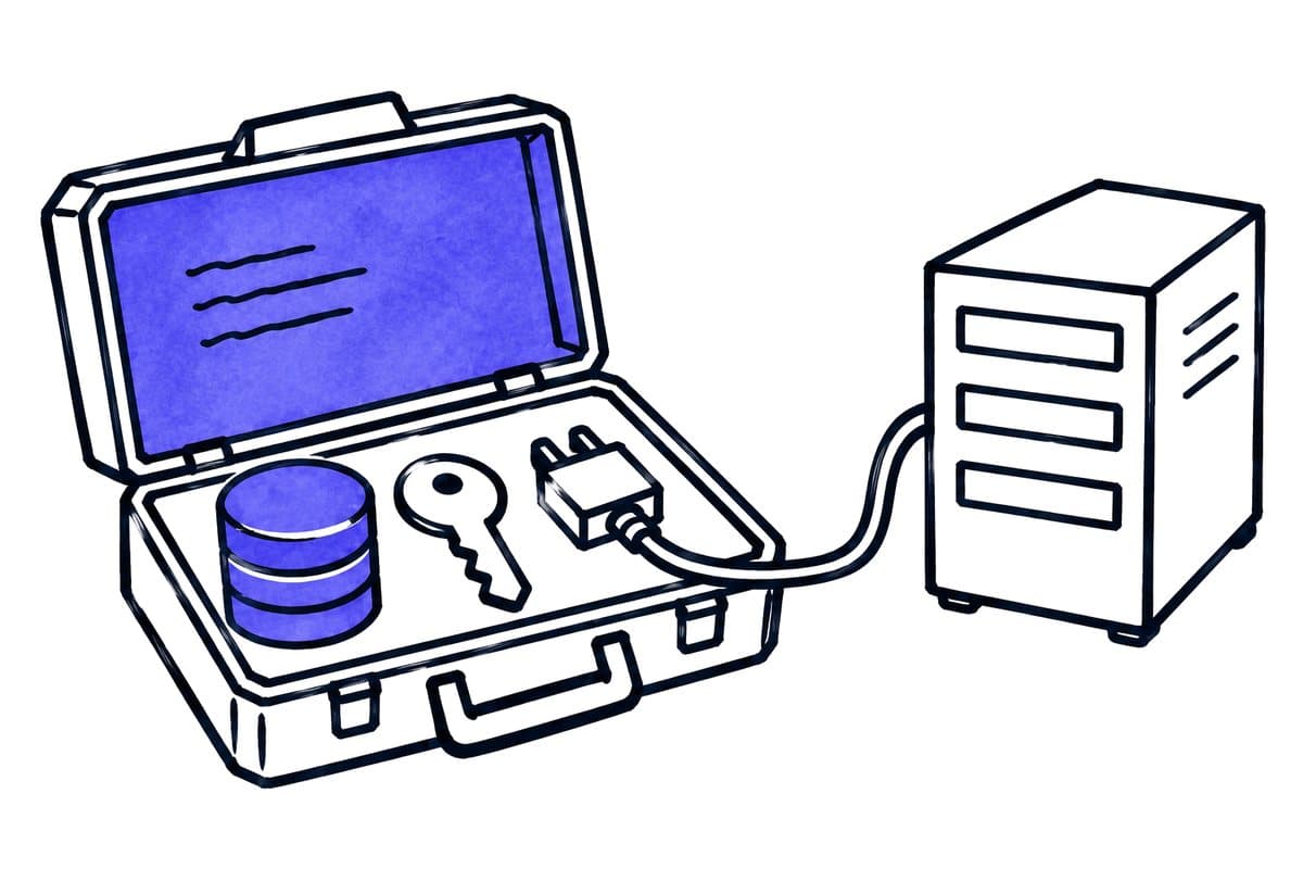 Illustration: an open case with a database, a key and a plug, connected to a server