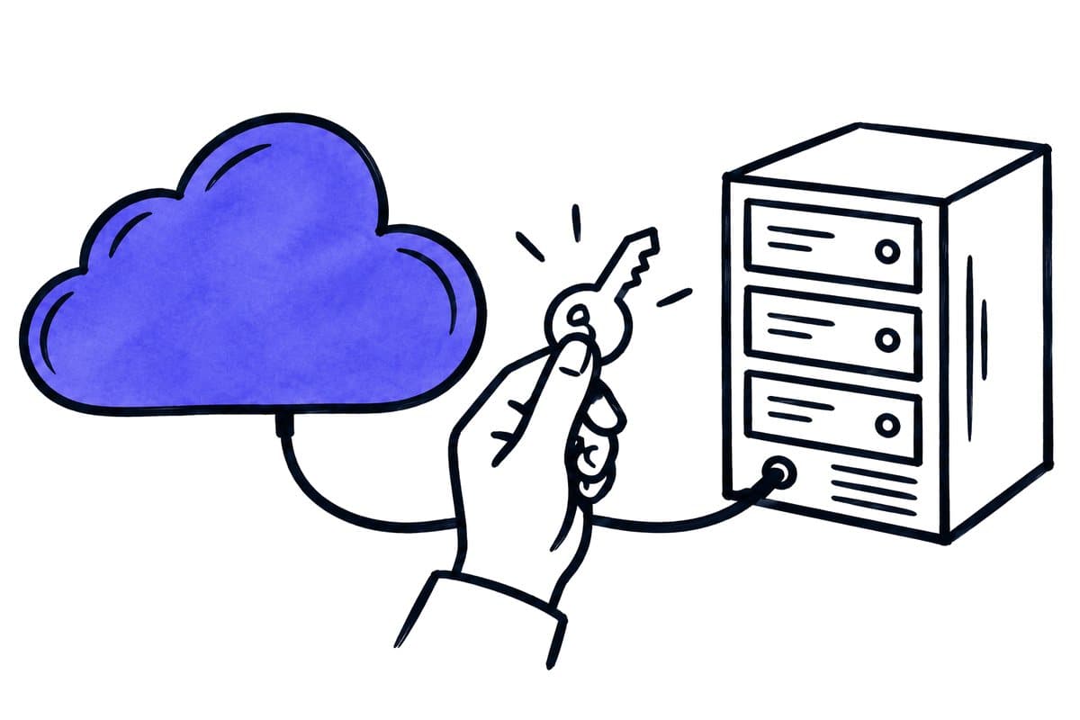 a cloud and a server connected by a cable, a hand holds the key between them