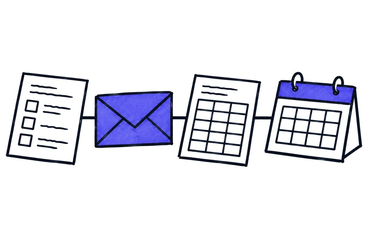 Illustration: a form, an envelope, a spreadsheet and a calendar connected in a row