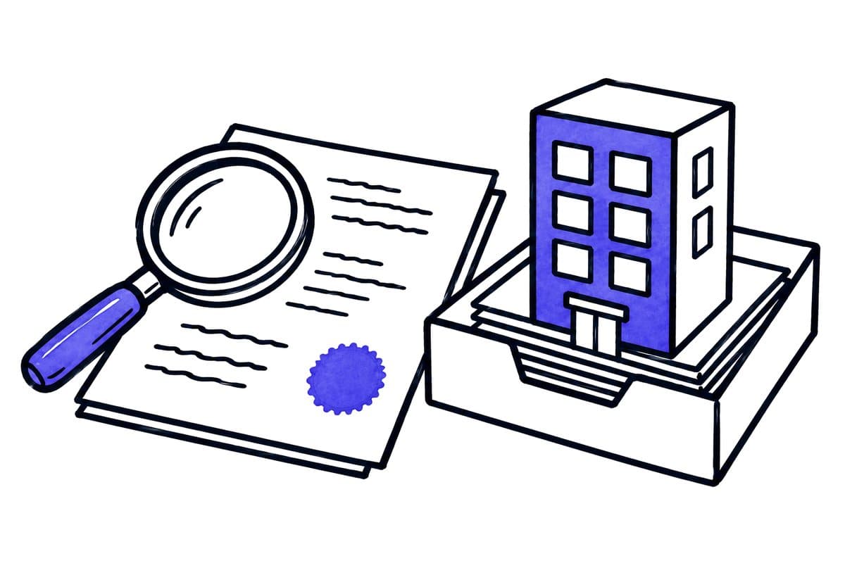 Illustration: a magnifying glass on a licence document, next to a company building in a tray