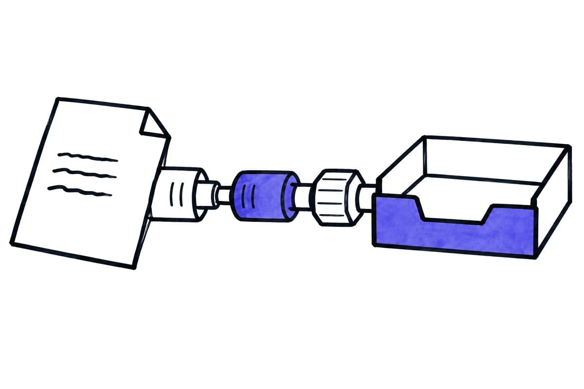 a chain of different connectors between a document and a filing tray