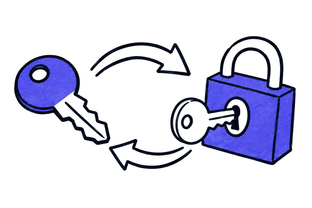 Illustration: a key, two arrows in a circle and a second key in a lock