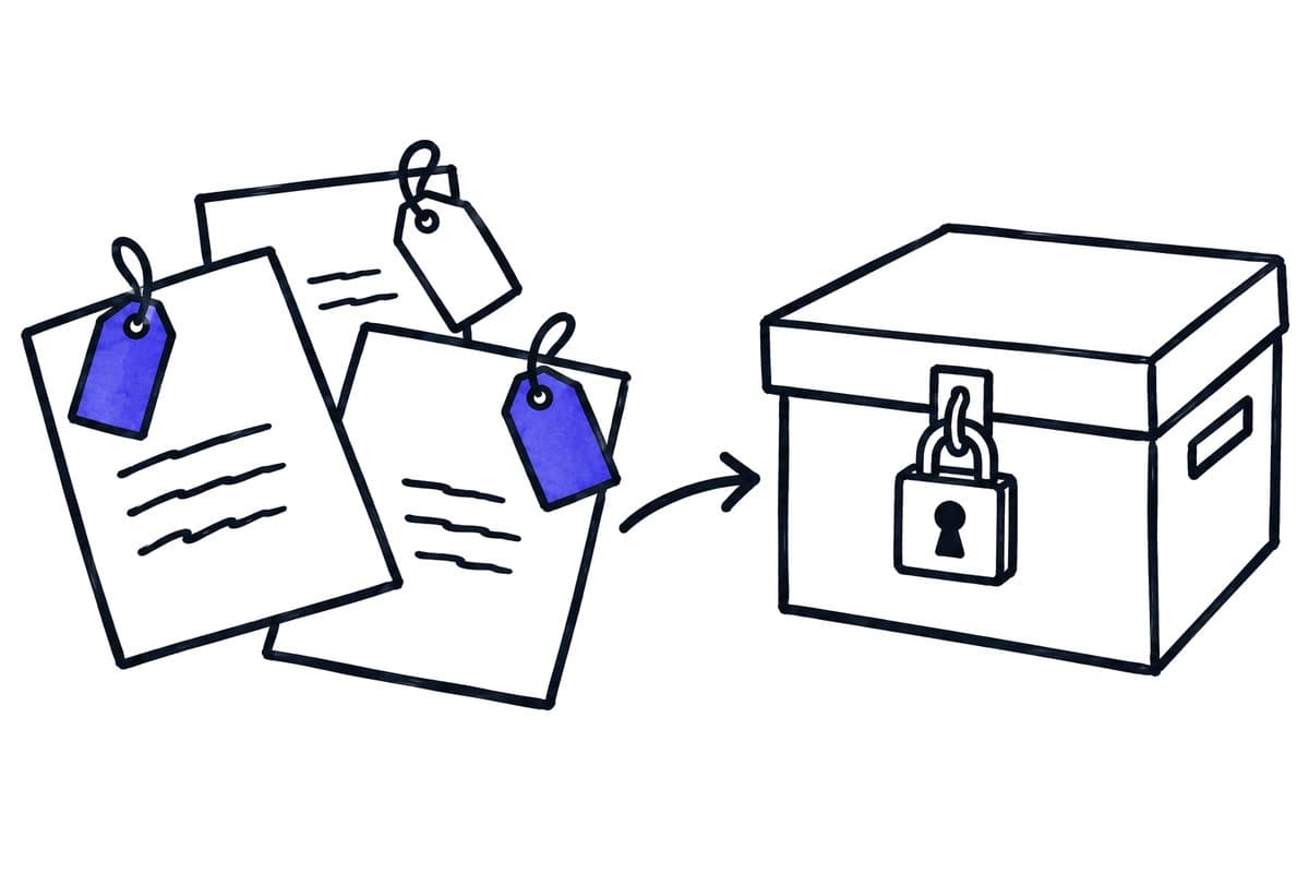 Illustration: tagged documents lead to a locked filing box