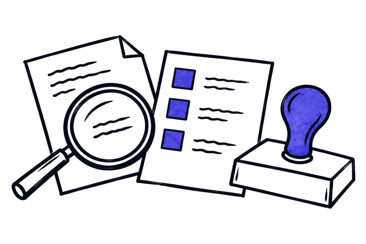 a document, a magnifying glass, a list of ticked fields and a stamp