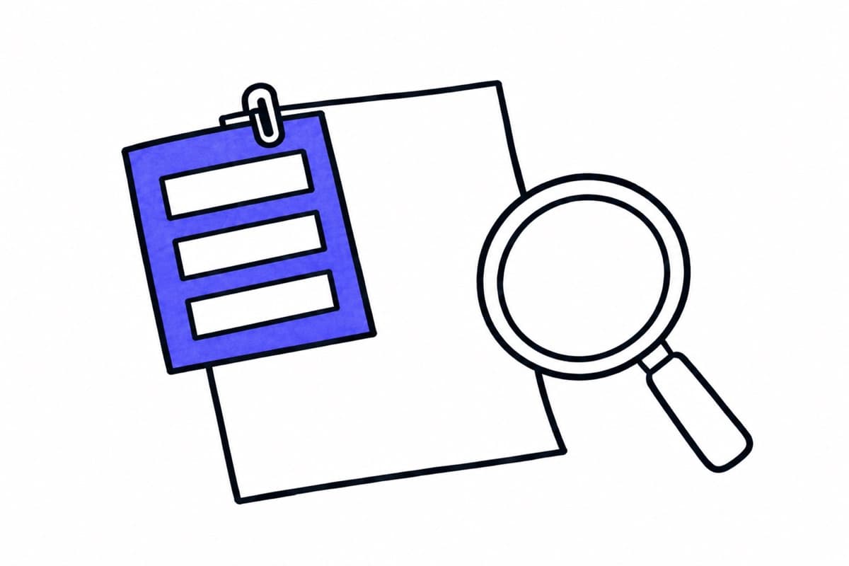 Illustration: an index card template clipped to a sheet of paper, with a magnifying glass