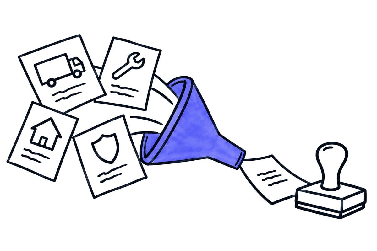 Illustration: sheets with different trade symbols run through one funnel towards a stamp