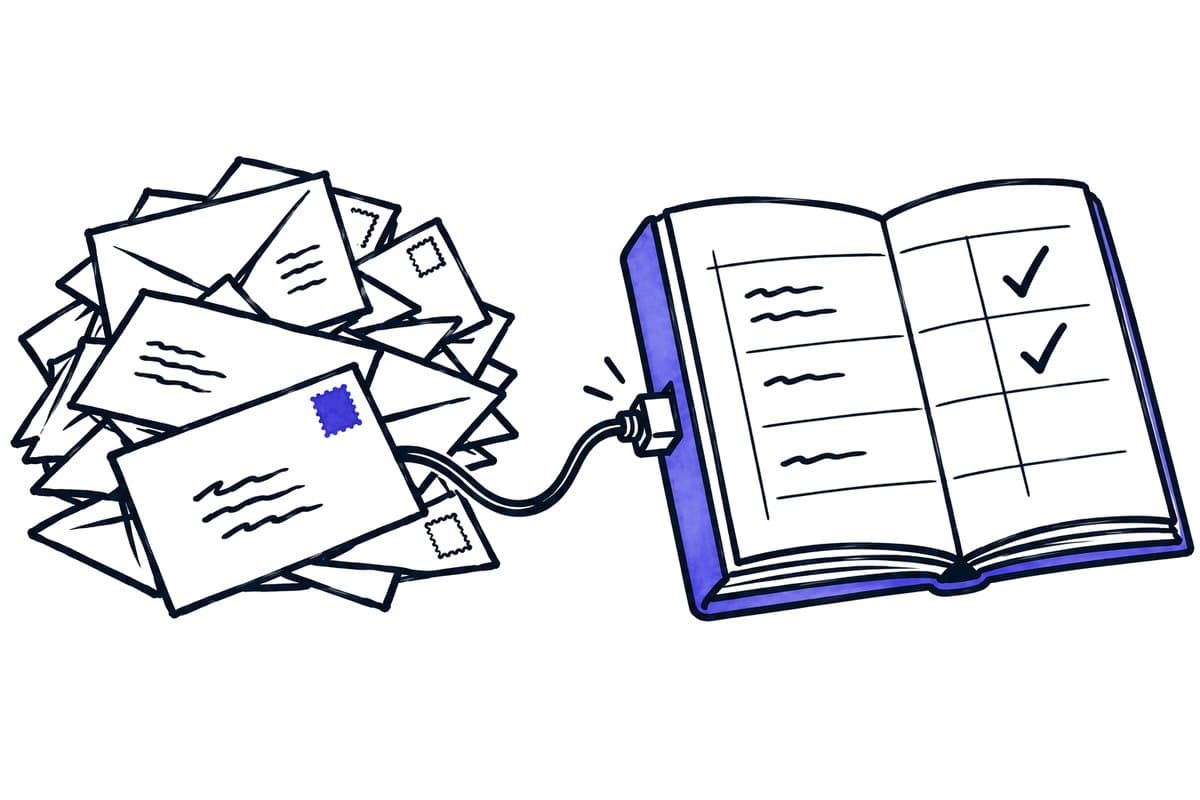 Illustration: a stack of documents plugged into a ticked ledger