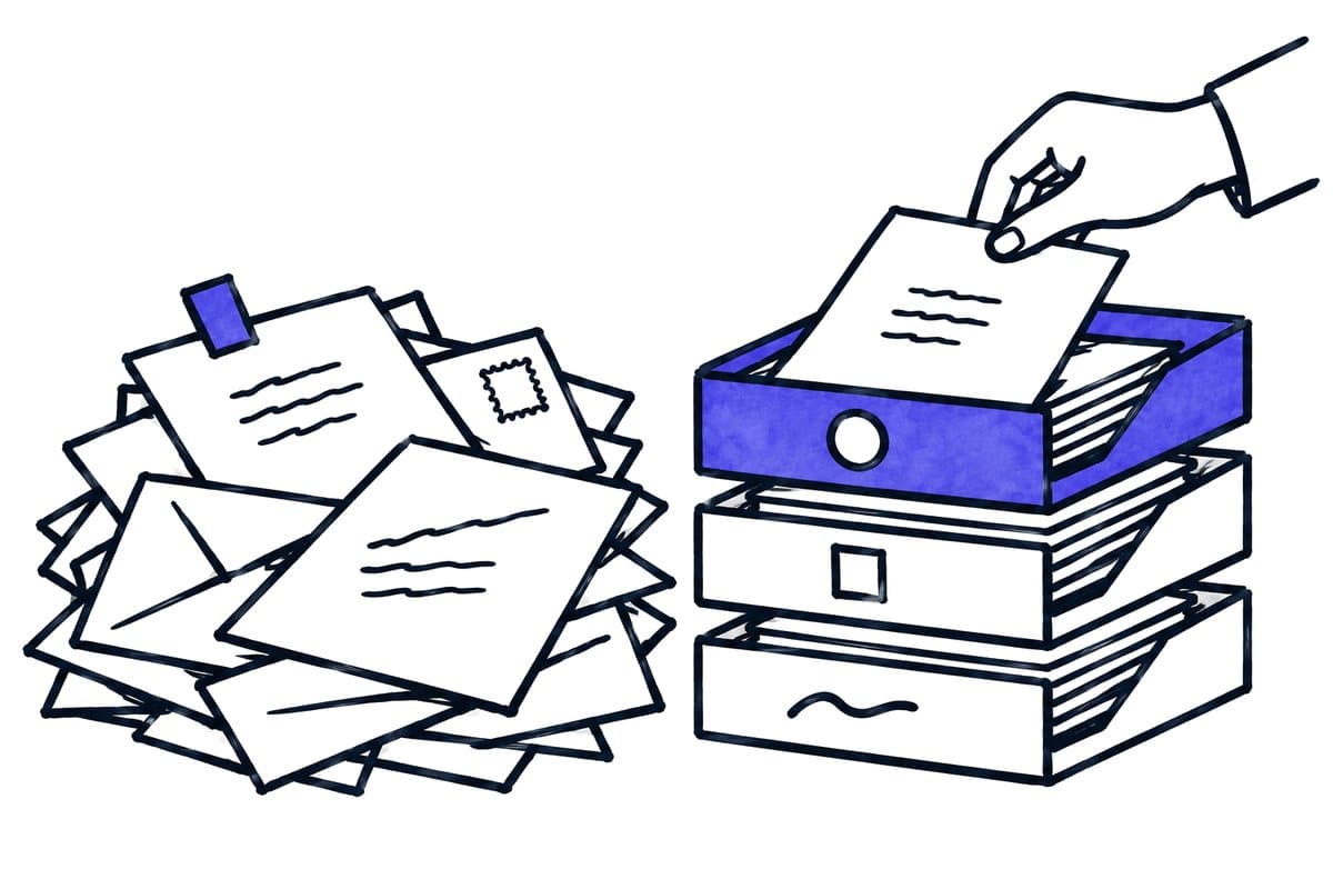 Illustration: a pile of documents is sorted into marked trays; a hand takes one sheet out
