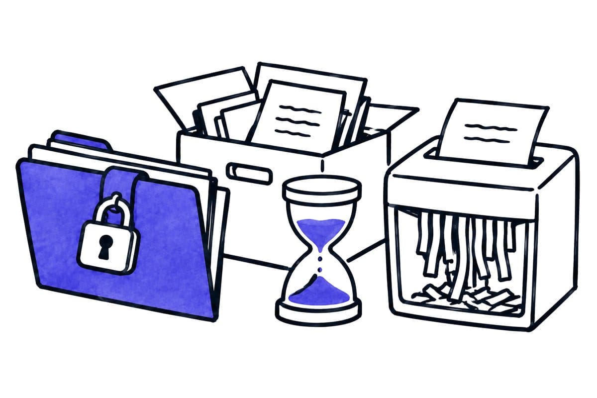 Illustration: a locked folder, a document box with an hourglass and a paper shredder