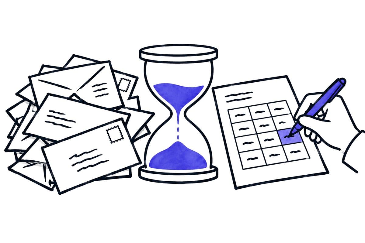 Illustration: documents, an hourglass and a hand filling in a calculation grid