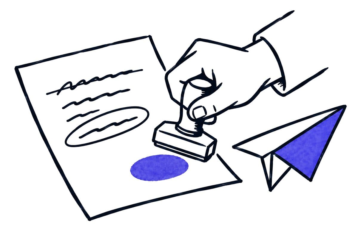 Illustration: a draft with corrections, a hand stamping the approval and a paper plane