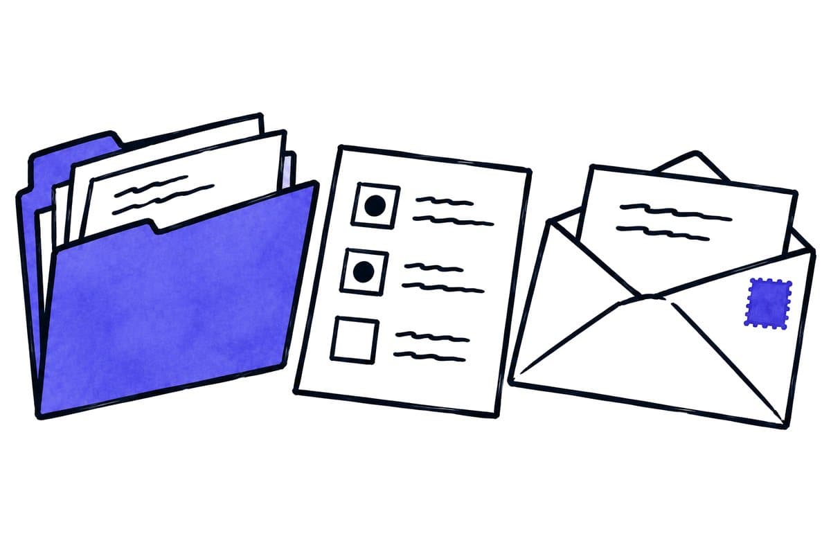 Illustration: a folder of records, a checklist with one open item and a letter in an envelope