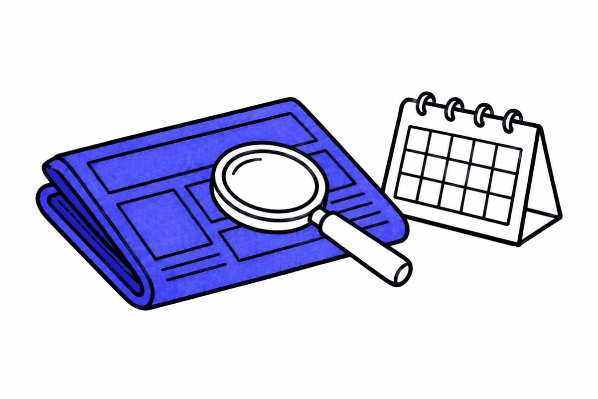 Illustration: eine gefaltete Zeitung mit Lupe neben einem Tischkalender