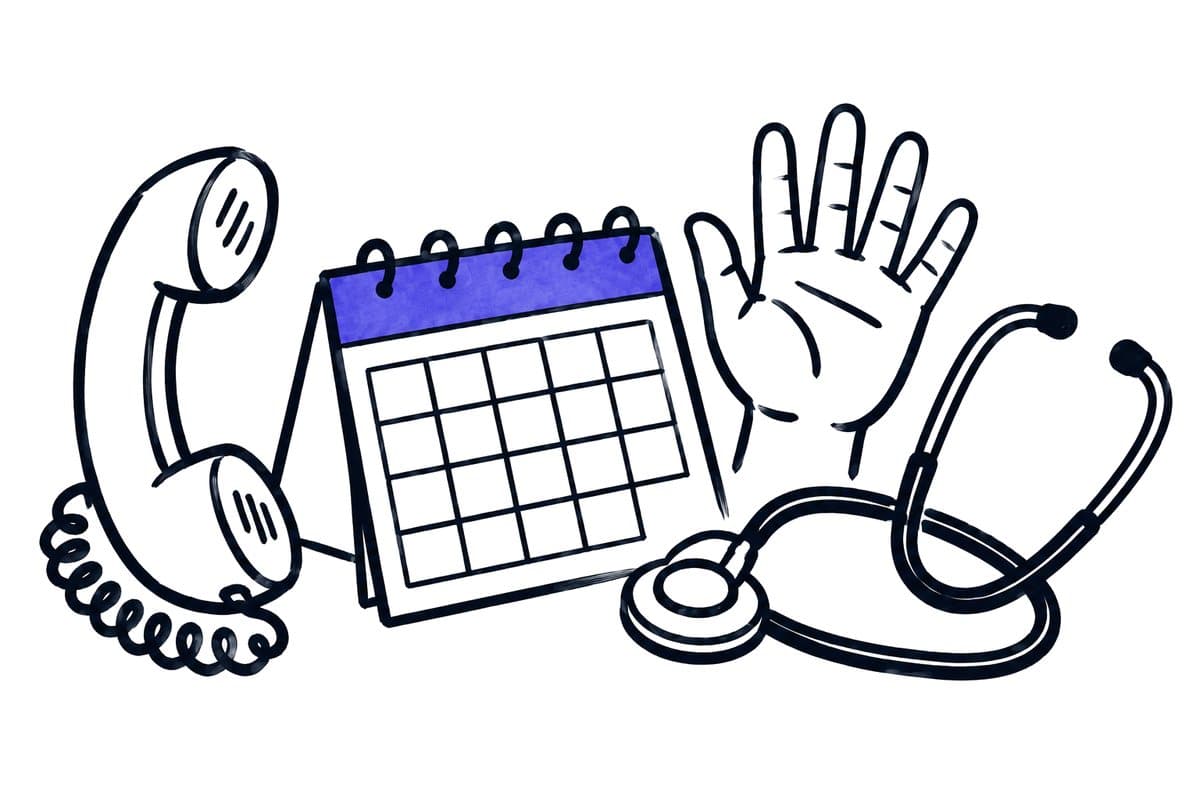 Illustration: a telephone receiver, a calendar, a raised hand and a stethoscope