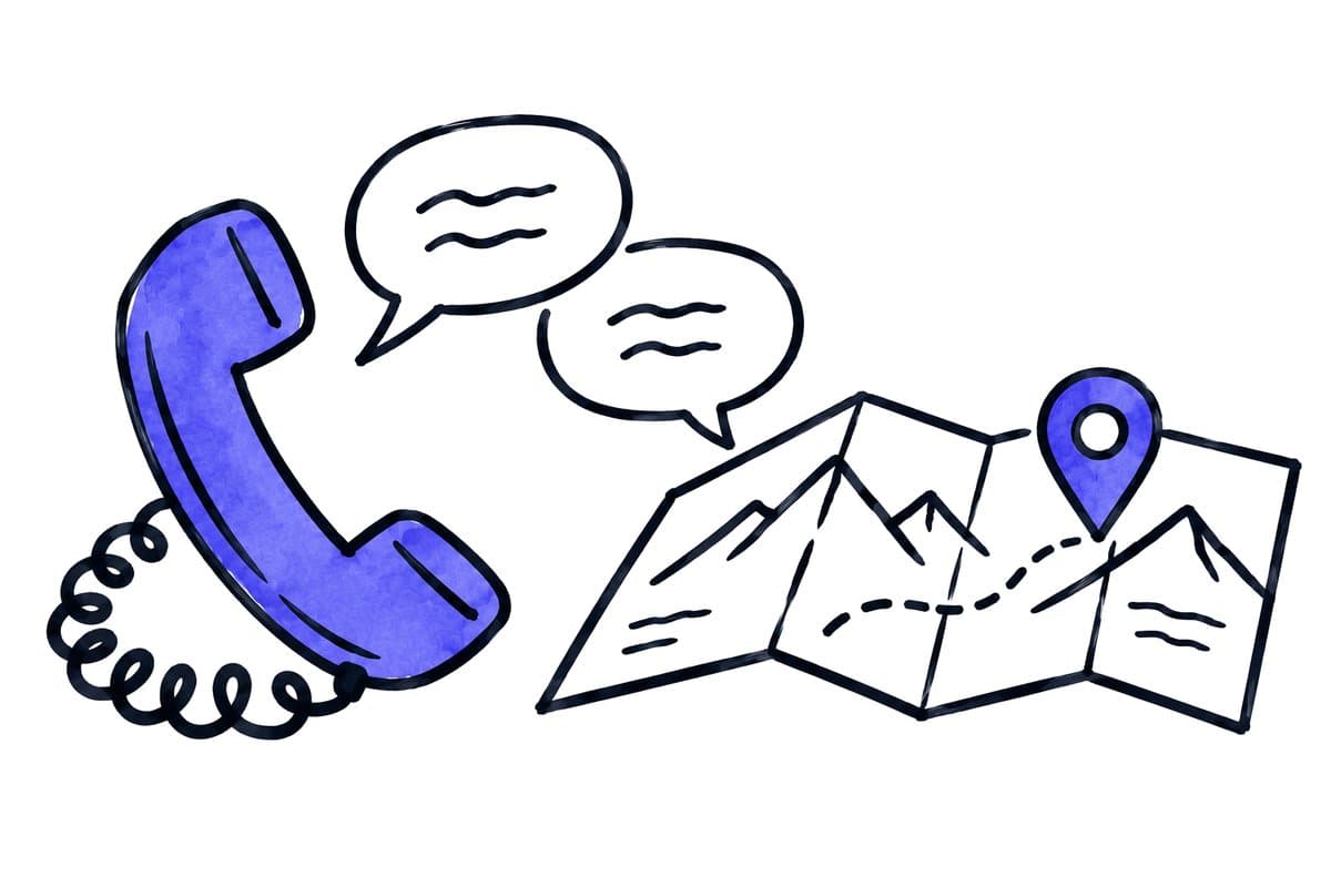 Illustration: a telephone receiver, two voice bubbles and a map of mountains with a pin
