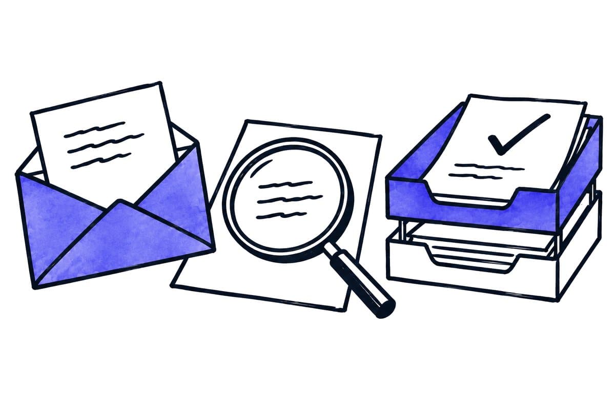 Illustration: an invoice in an open envelope, an invoice under a magnifying glass and a ticked document in stacked trays
