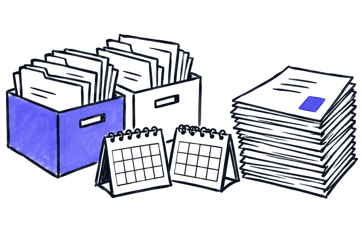 Illustration: files in boxes, two calendars and a ticked stack of documents