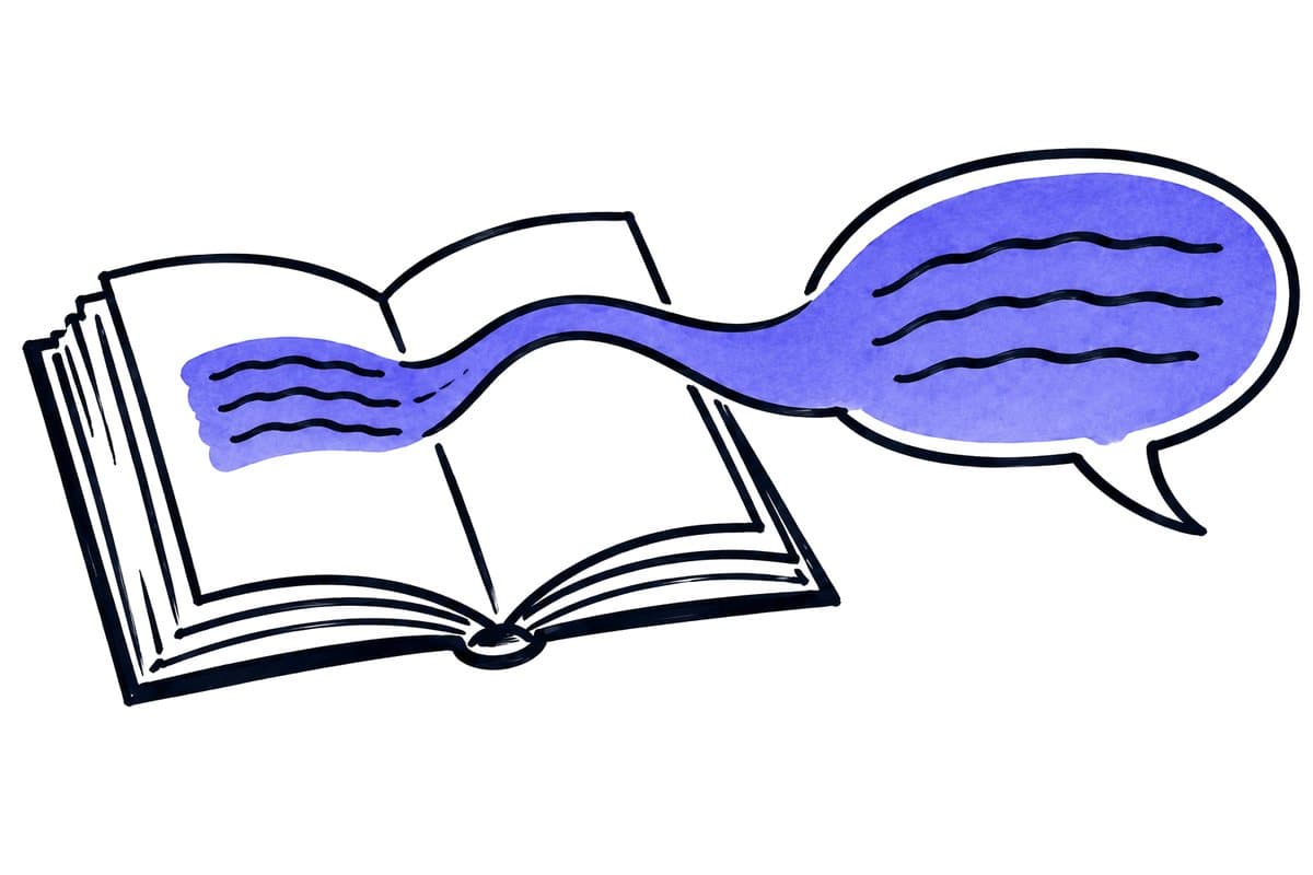 Illustration: a passage from an open book travels into a speech bubble