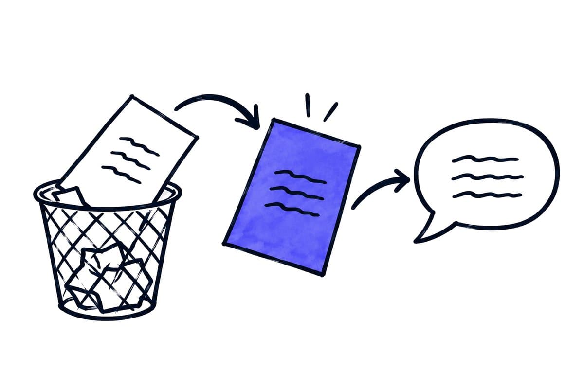 Illustration: an old page goes into the bin, a new page takes its place and reaches the speech bubble