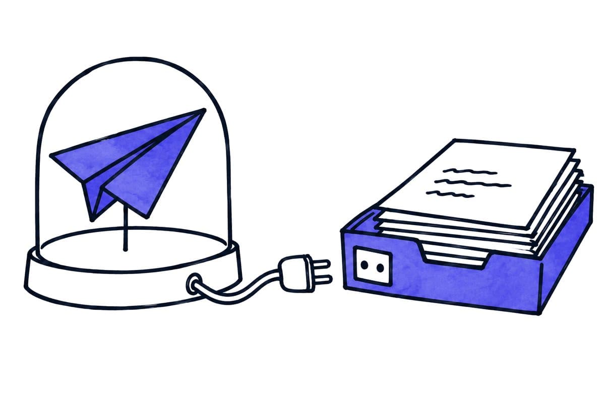 Illustration: a paper plane under a glass dome, unplugged from the tray of daily work